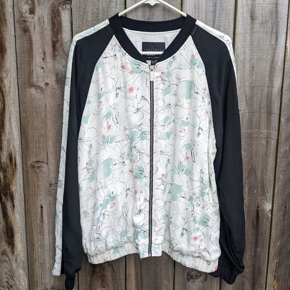 Anthropologie Sanctuary Floral Bomber Jacket Green Black Size Large